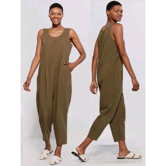 Eileen Fisher Olive Green Organic Cotton Linen Crepe Henley Slouchy Jumpsuit L - Picture 2 of 8